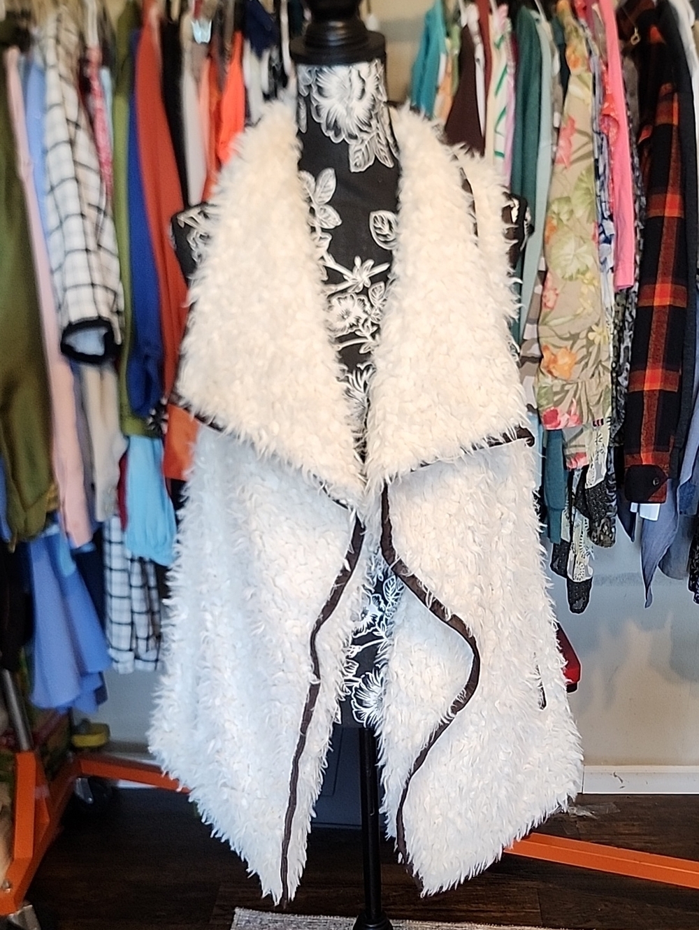 TCEC Cream Faux Shearling Draped Vest with Brown Trim